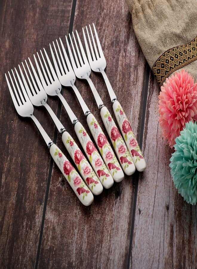 MGeezz Floral Stainless Steel Fork Set for Home Kitchen & Restaurant Cutlery Dinner Table Bouillon Spoon with Ceramic Handle Tableware Noodles Fork for Serving Salad Fruit Fork (Small Fork Set of 12) - Image 4